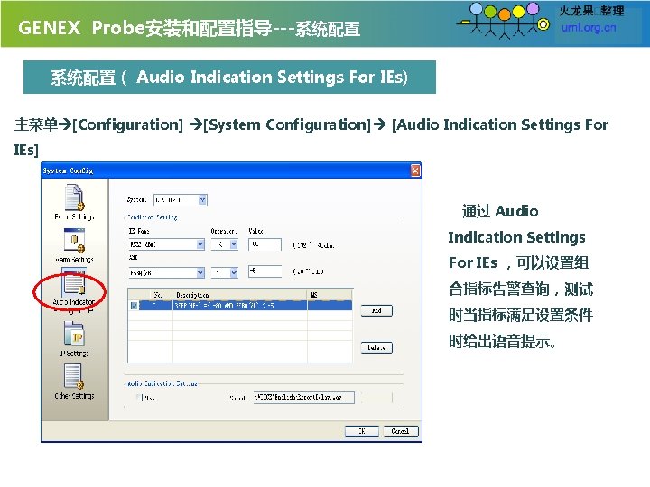 GENEX Probe安装和配置指导---系统配置（ Audio Indication Settings For IEs) 主菜单 [Configuration] [System Configuration] [Audio Indication Settings