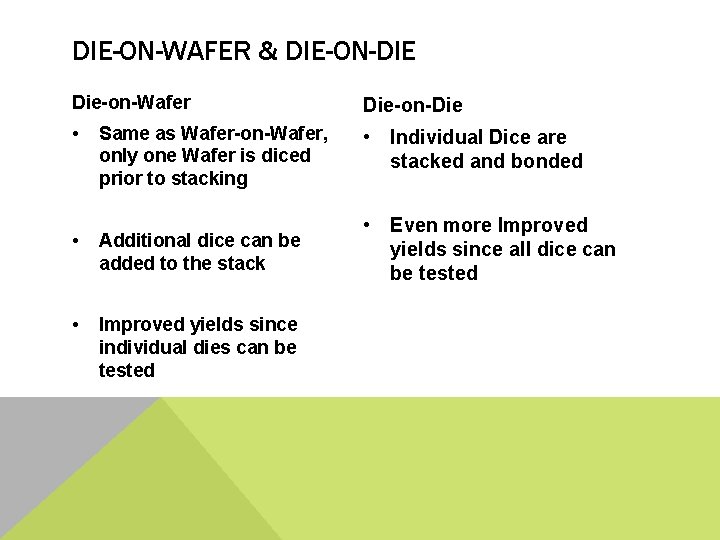 DIE-ON-WAFER & DIE-ON-DIE Die-on-Wafer Die-on-Die • Same as Wafer-on-Wafer, only one Wafer is diced