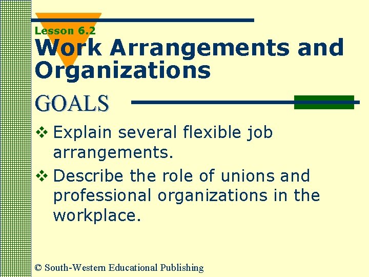 Lesson 6. 2 Work Arrangements and Organizations GOALS v Explain several flexible job arrangements.