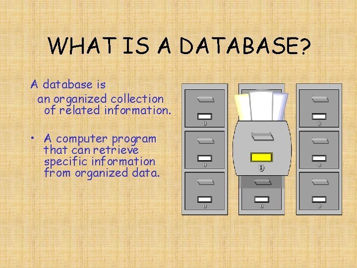 WHAT IS A DATABASE? A database is an organized collection of related information. •