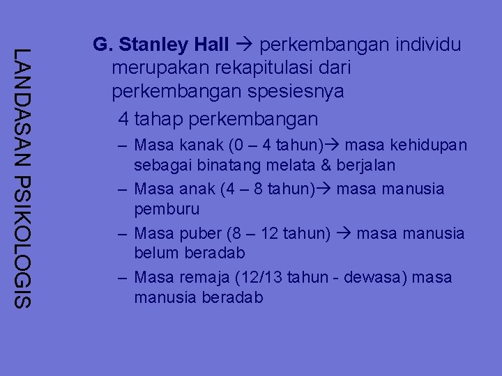 LANDASAN PSIKOLOGIS G. Stanley Hall perkembangan individu merupakan rekapitulasi dari perkembangan spesiesnya 4 tahap