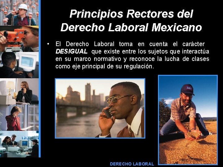 Principios Rectores del Derecho Laboral Mexicano • El Derecho Laboral toma en cuenta el