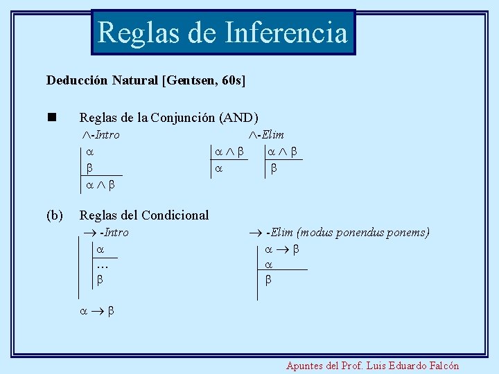 Reglas de Inferencia Deducción Natural [Gentsen, 60 s] n Reglas de la Conjunción (AND)