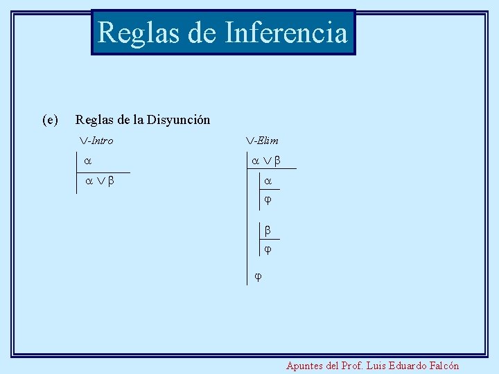 Reglas de Inferencia (e) Reglas de la Disyunción -Intro -Elim Apuntes del Prof. Luis