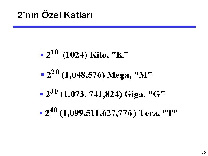 2’nin Özel Katları § 210 (1024) Kilo, "K" § 220 (1, 048, 576) Mega,