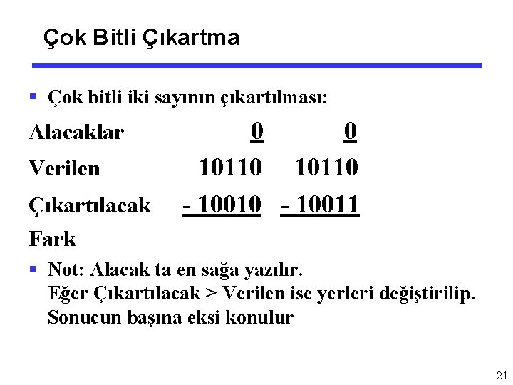 Çok Bitli Çıkartma § Çok bitli iki sayının çıkartılması: Alacaklar Verilen Çıkartılacak Fark 0