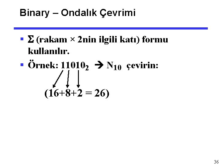 Binary – Ondalık Çevrimi § S (rakam × 2 nin ilgili katı) formu kullanılır.