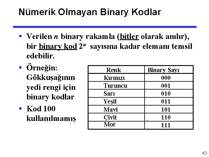 Nümerik Olmayan Binary Kodlar § Verilen n binary rakamla (bitler olarak anılır), bir binary