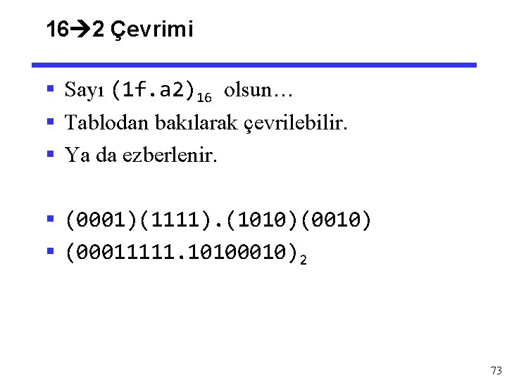 16 2 Çevrimi § Sayı (1 f. a 2)16 olsun… § Tablodan bakılarak çevrilebilir.