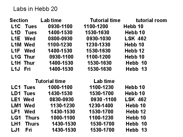 Labs in Hebb 20 Section Lab time L 1 C Tues 0930 -1100 L