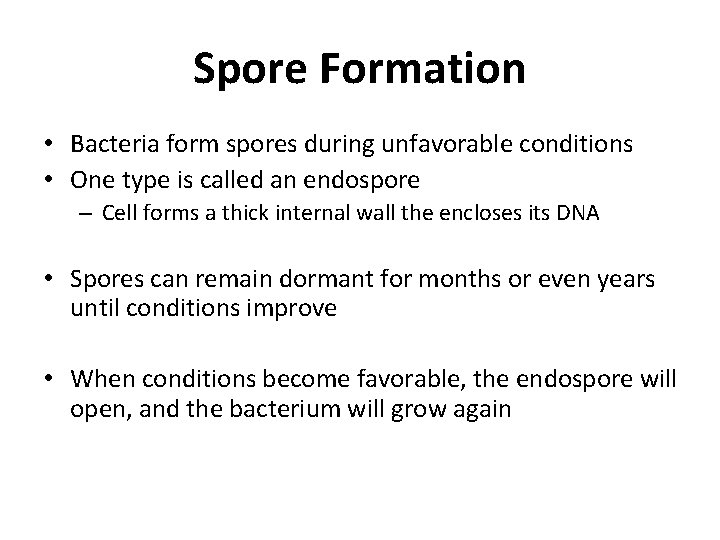 Spore Formation • Bacteria form spores during unfavorable conditions • One type is called