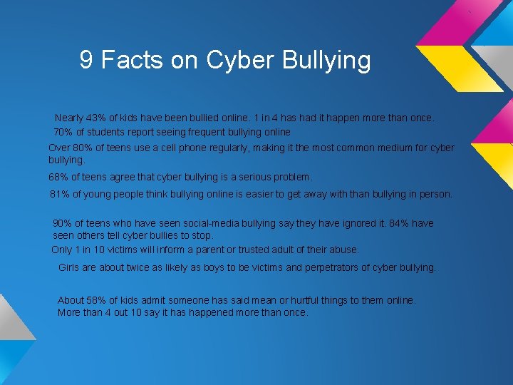 9 Facts on Cyber Bullying Nearly 43% of kids have been bullied online. 1