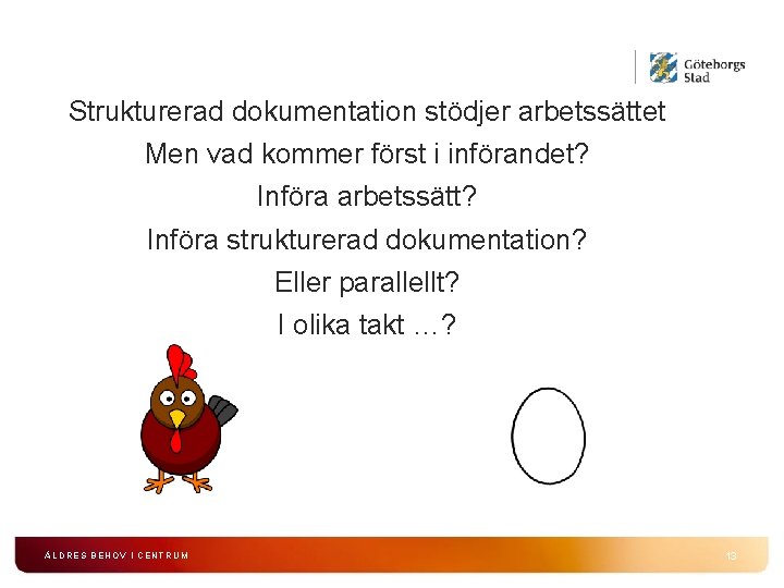 Strukturerad dokumentation stödjer arbetssättet Men vad kommer först i införandet? Införa arbetssätt? Införa strukturerad Strukturerad dokumentation stödjer arbetssättet Men vad kommer först i införandet? Införa arbetssätt? Införa strukturerad