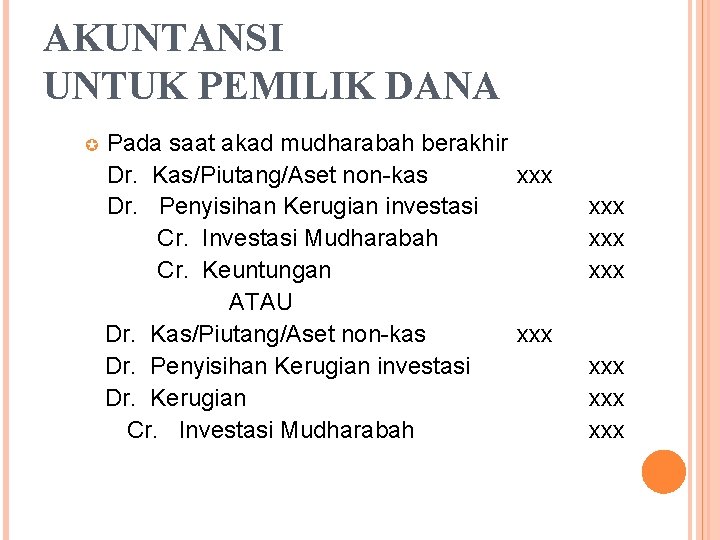 AKUNTANSI UNTUK PEMILIK DANA µ Pada saat akad mudharabah berakhir Dr. Kas/Piutang/Aset non-kas xxx