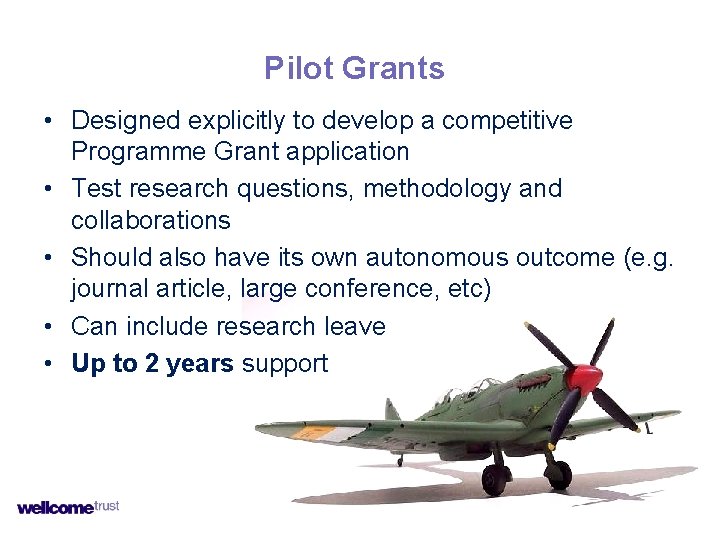 Pilot Grants • Designed explicitly to develop a competitive Programme Grant application • Test Pilot Grants • Designed explicitly to develop a competitive Programme Grant application • Test