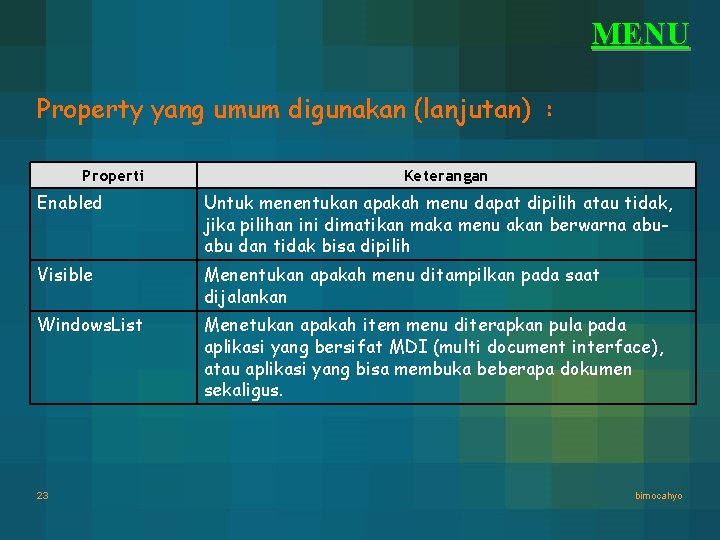 MENU Property yang umum digunakan (lanjutan) : Properti Keterangan Enabled Untuk menentukan apakah menu MENU Property yang umum digunakan (lanjutan) : Properti Keterangan Enabled Untuk menentukan apakah menu