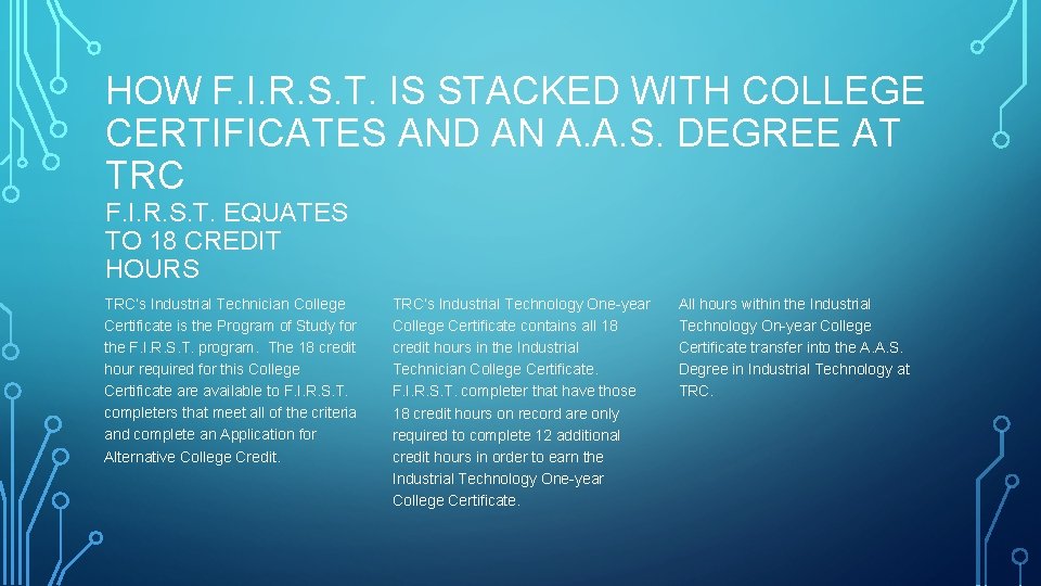 HOW F. I. R. S. T. IS STACKED WITH COLLEGE CERTIFICATES AND AN A.