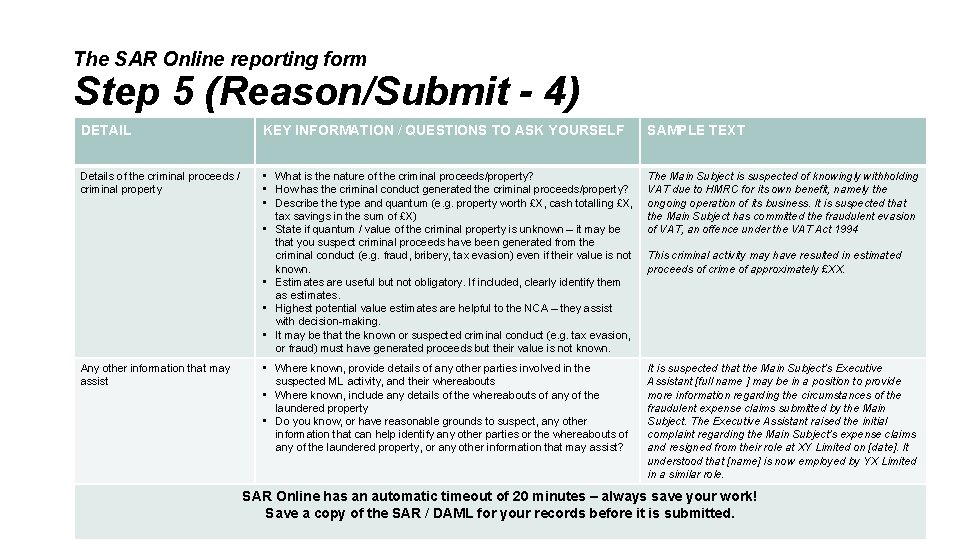 The SAR Online reporting form Step 5 (Reason/Submit - 4) DETAIL KEY INFORMATION /