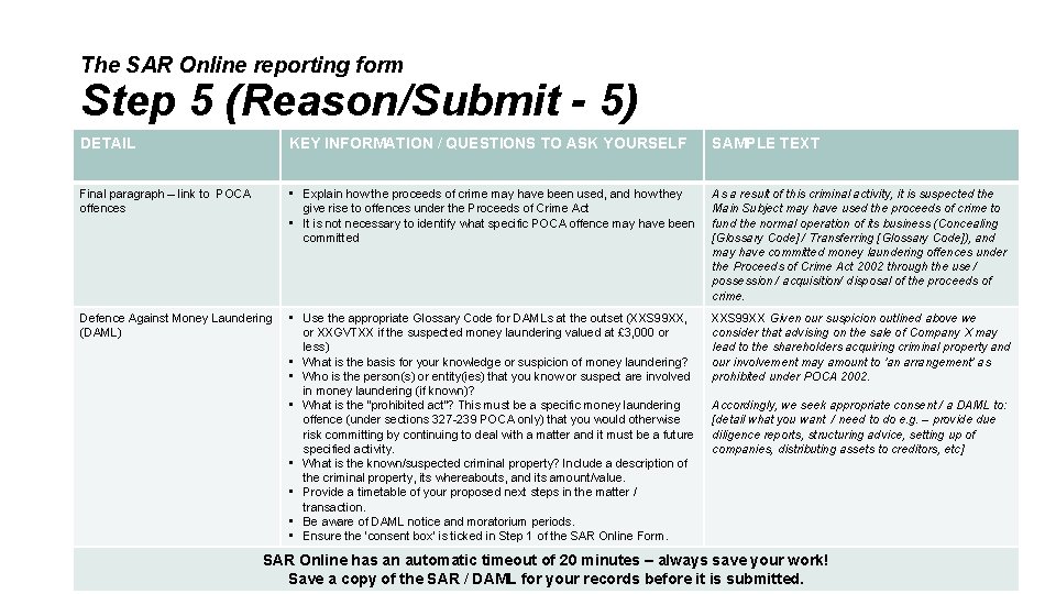 The SAR Online reporting form Step 5 (Reason/Submit - 5) DETAIL KEY INFORMATION /