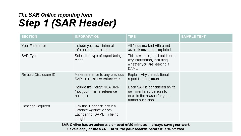 The SAR Online reporting form Step 1 (SAR Header) SECTION INFORMATION TIPS Your Reference