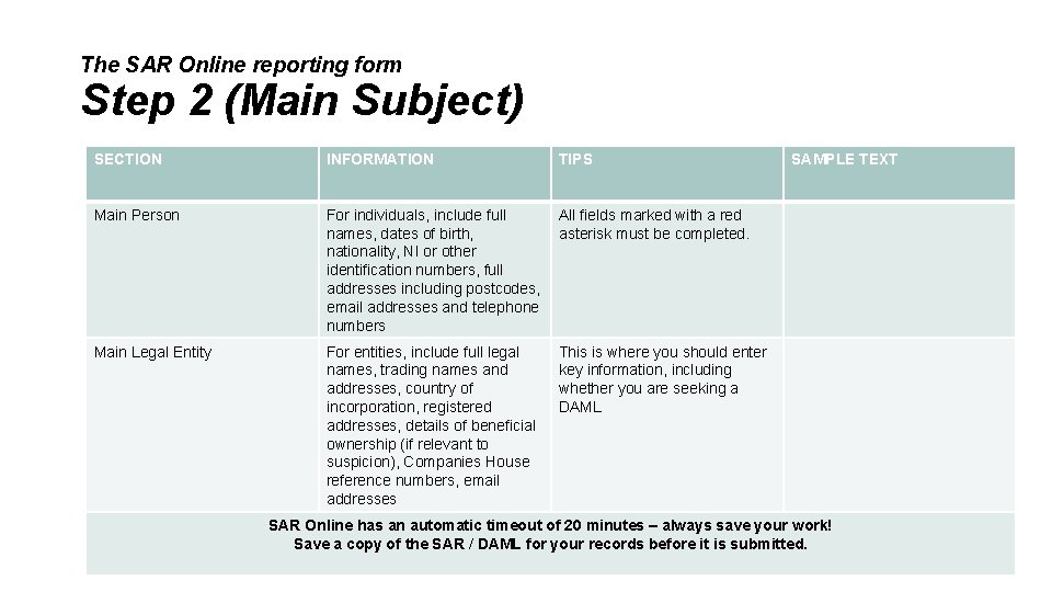 The SAR Online reporting form Step 2 (Main Subject) SECTION INFORMATION TIPS Main Person