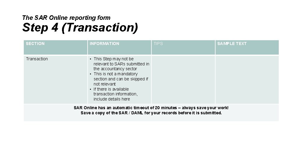 The SAR Online reporting form Step 4 (Transaction) SECTION INFORMATION Transaction • This Step