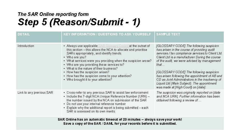 The SAR Online reporting form Step 5 (Reason/Submit - 1) DETAIL KEY INFORMATION /