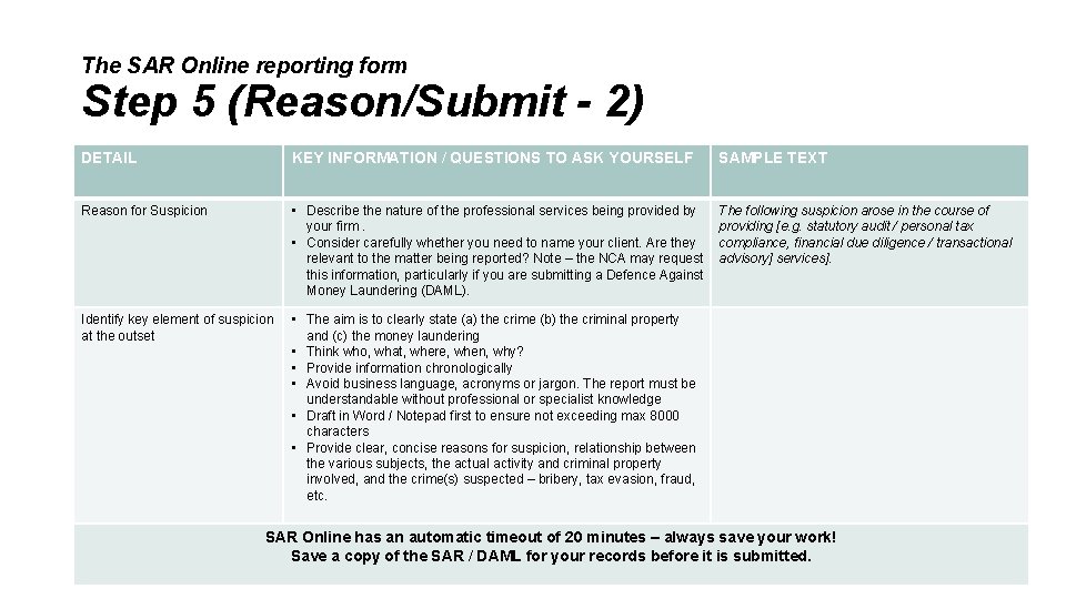The SAR Online reporting form Step 5 (Reason/Submit - 2) DETAIL KEY INFORMATION /