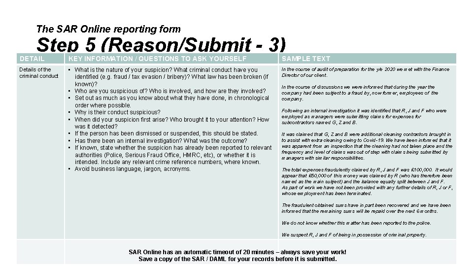 The SAR Online reporting form Step 5 (Reason/Submit - 3) DETAIL KEY INFORMATION /