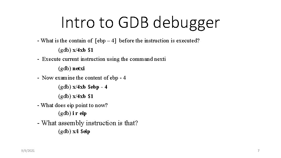 Intro to GDB debugger - What is the contain of [ebp – 4] before