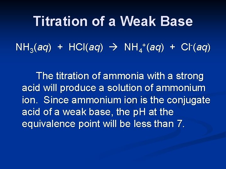 Titration of a Weak Base NH 3(aq) + HCl(aq) NH 4+(aq) + Cl-(aq) The