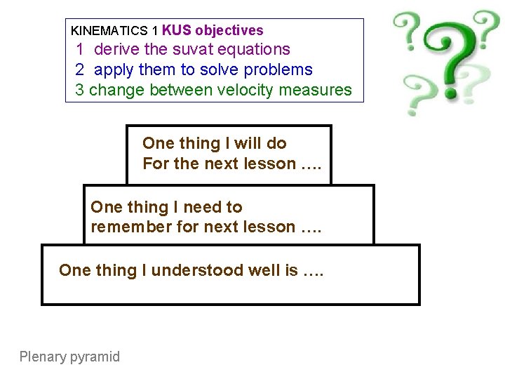 KINEMATICS 1 KUS objectives 1 derive the suvat equations 2 apply them to solve