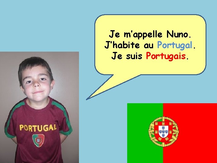 Je m’appelle Nuno. J’habite au Portugal. Je suis Portugais. 