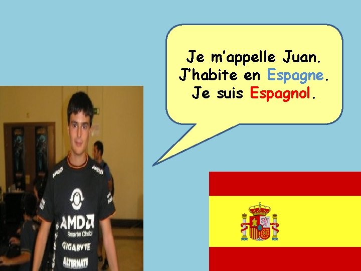 Je m’appelle Juan. J’habite en Espagne. Je suis Espagnol. 