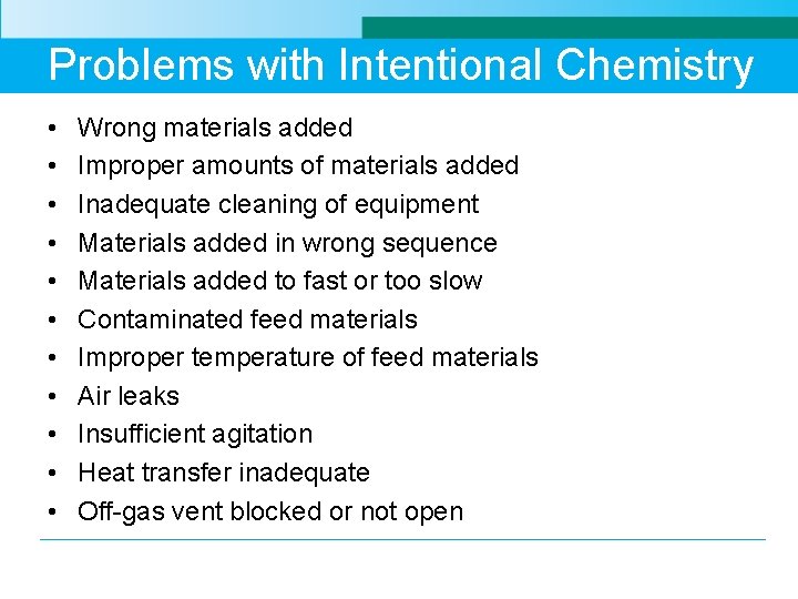 Problems with Intentional Chemistry • • • Wrong materials added Improper amounts of materials