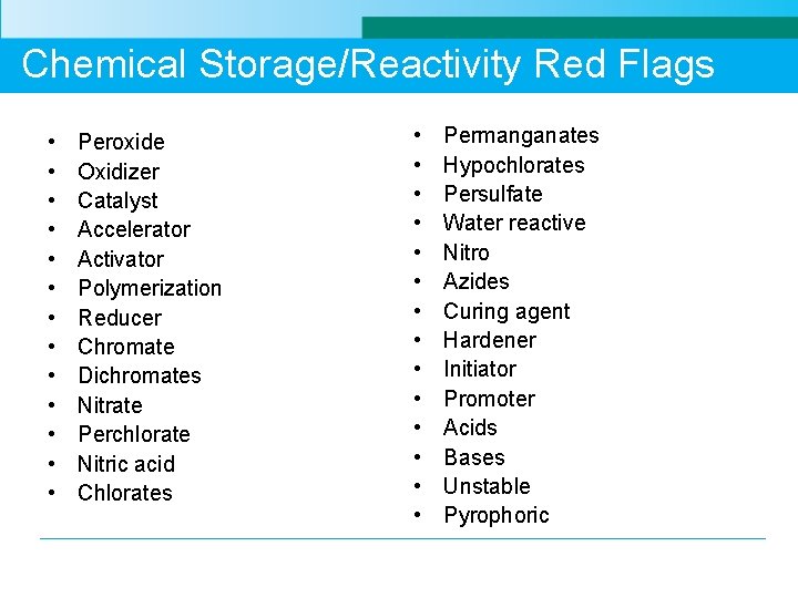 Chemical Storage/Reactivity Red Flags • • • • Peroxide Oxidizer Catalyst Accelerator Activator Polymerization