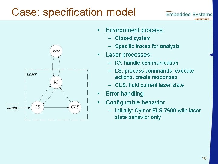 Case: specification model • Environment process: – Closed system – Specific traces for analysis