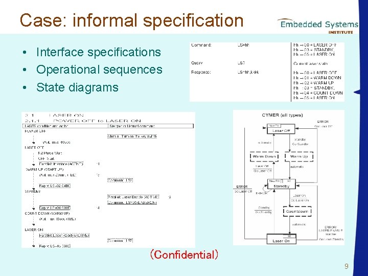 Case: informal specification • Interface specifications • Operational sequences • State diagrams (Confidential) 9