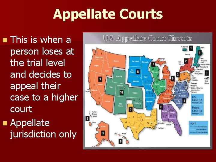 Appellate Courts n This is when a person loses at the trial level and
