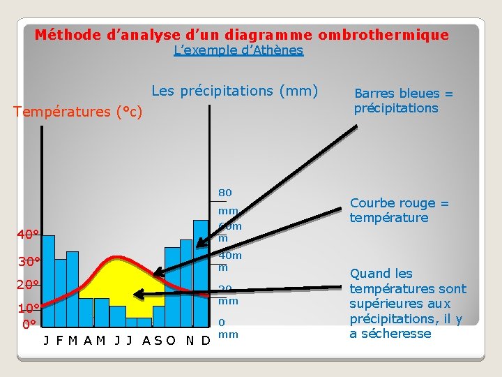 Méthode d’analyse d’un diagramme ombrothermique L’exemple d’Athènes Les précipitations (mm) Températures (°c) 80 mm