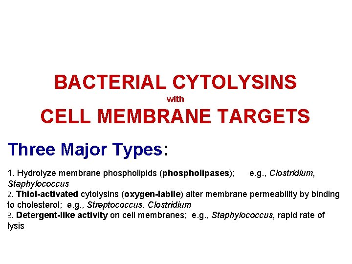 BACTERIAL CYTOLYSINS with CELL MEMBRANE TARGETS Three Major Types: 1. Hydrolyze membrane phospholipids (phospholipases);