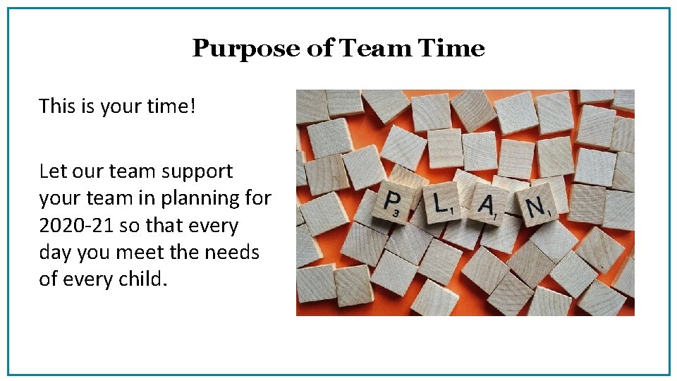 Purpose of Team Time This is your time! Let our team support your team