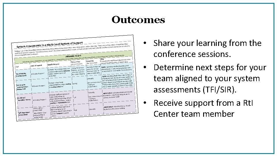 Outcomes • Share your learning from the conference sessions. • Determine next steps for