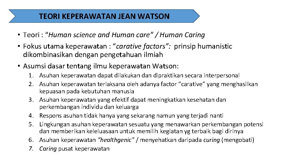 TEORI KEPERAWATAN JEAN WATSON • Teori : “Human science and Human care” / Human