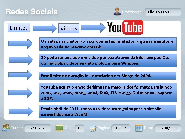Elielso Dias Limites Vídeos Os vídeos enviados ao You. Tube estão limitados a quinze