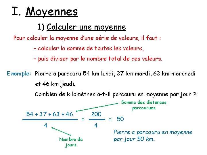 I. Moyennes 1) Calculer une moyenne Pour calculer la moyenne d’une série de valeurs,