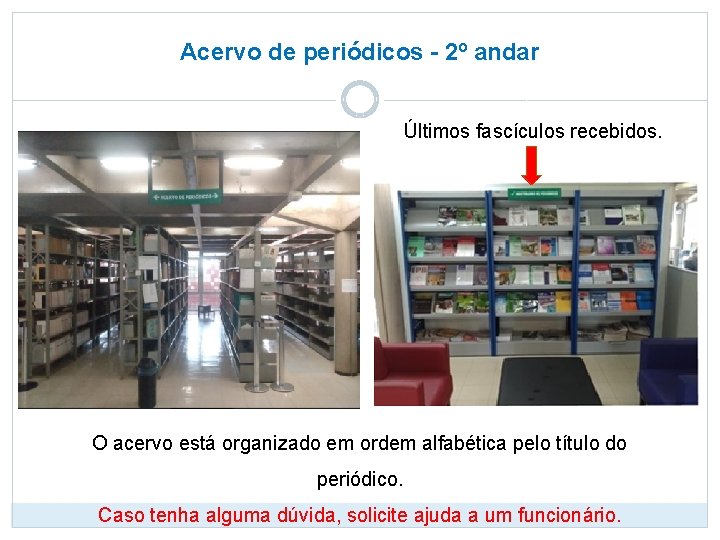 Acervo de periódicos - 2º andar Últimos fascículos recebidos. O acervo está organizado em