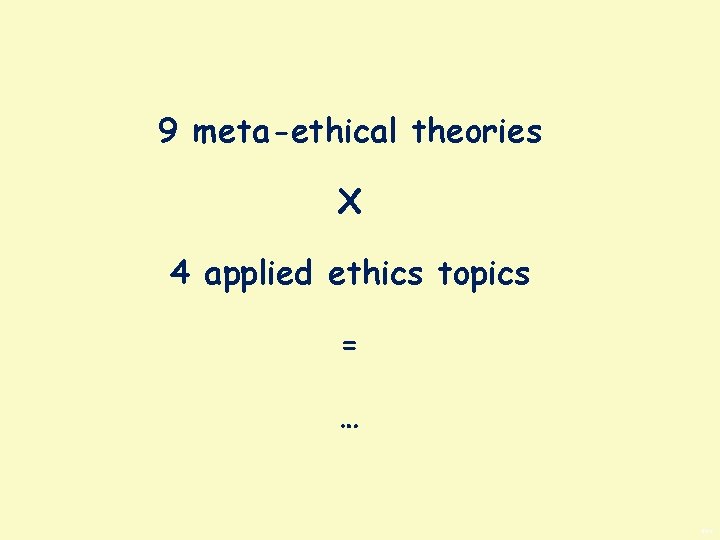 9 meta-ethical theories X 4 applied ethics topics = … BWS 