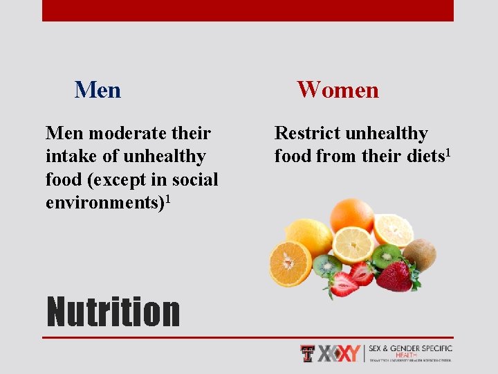 Men moderate their intake of unhealthy food (except in social environments)1 Nutrition Women Restrict