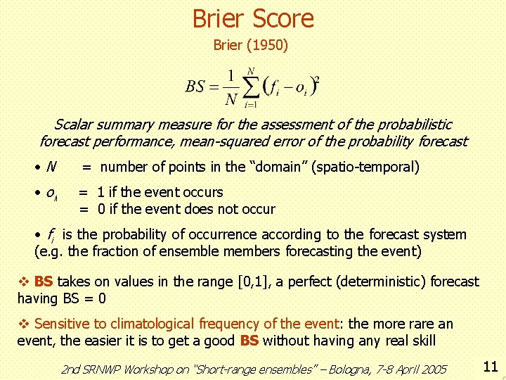 Brier Score Brier (1950) Scalar summary measure for the assessment of the probabilistic forecast